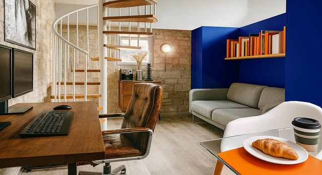 Vue photoréaliste d'un bureau compact avec ambiance intérieure