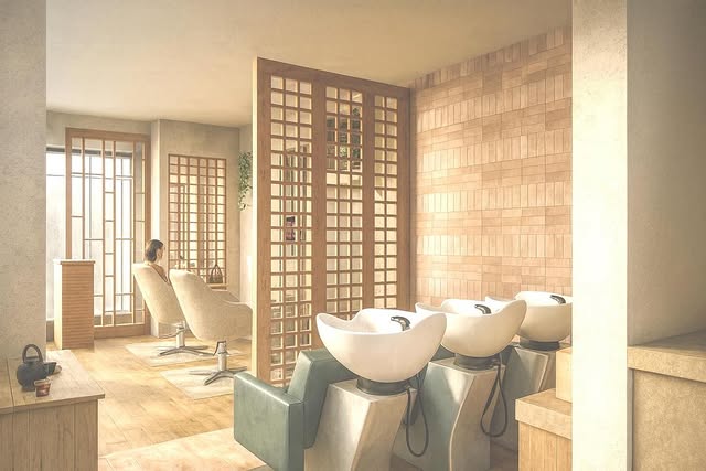 Vue photoréaliste d'un salon de coiffure imaginé comme un intérieur chaleureux